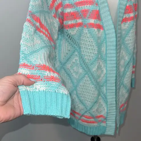 Rolypoly Aqua and Coral Aztec Patterned Open Front Knit Cardigan Women's M Blue Size M