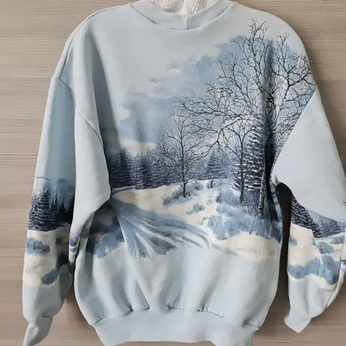 Vtg 80s 90s All Over Print Winter Wonderland Nature Sweatshirt Art Graphic XL Blue