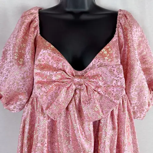 SAU LEE Arabella Mini Dress in Candy Pink Jacquard Floral Bow Puff Sleeve US 8