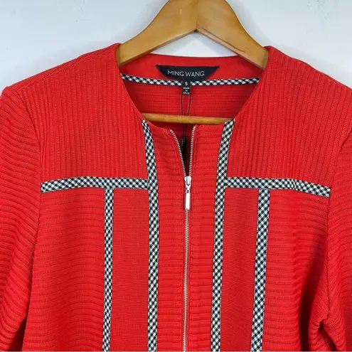 Ming Wang Poppy Red Gingham Trim Zip Front Long Sweater Jacket Womens S new nwt