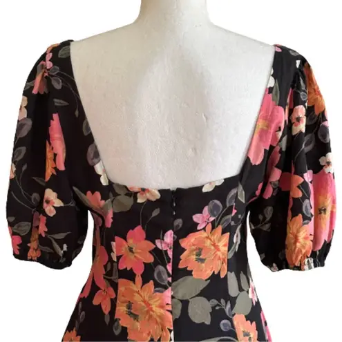 Olivaceous Oliveceous Mini Dress Black Orange Pink Floral Linen Blend Puff Sleeve Medium