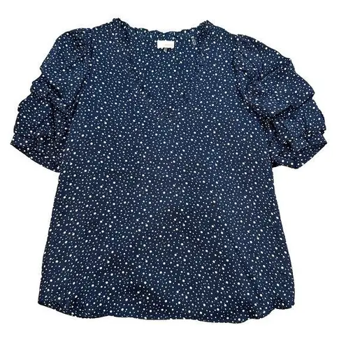 Ecru Puff Sleeve Blouse Women's X-Small Blue/White V-Neck Ruffle Polka Dot Pleat