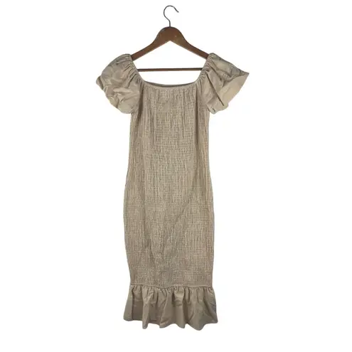 Simplee Apparel Simplee Smocked Dress Size Medium NWT Tan Boho Midi Ruffle Sleeve Summer Cotton - Image 2