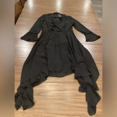 Shani Collection Ruffle Asymmetrical Long Sleeve Midi Dress Hanky Hem Black Med Size 8