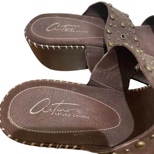 Arturo Chiang Patty Leather Studded Platform Slide Wedge Sandals Brown Women 11M