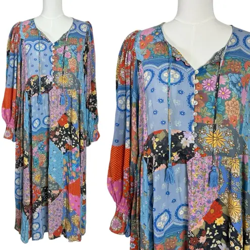Spell & the Gypsy Bohemian Patchwork 70s Witchy Cha Cha Maxi Dress Size Large Blue - Image 10