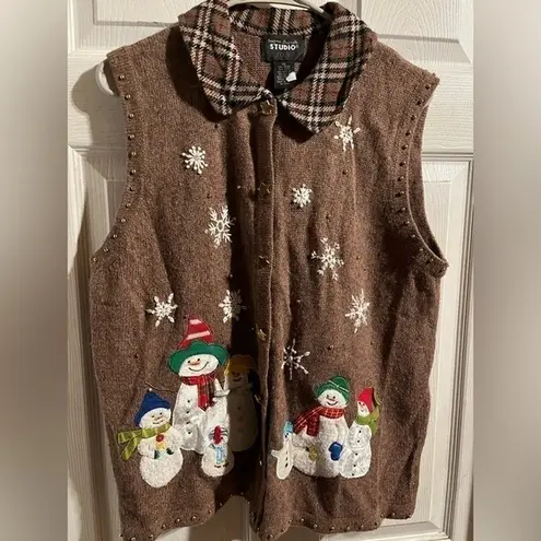 Vintage Collared Snowman Sweater Vest Size XL Whimsical Holiday 90’s Grandmacore Brown