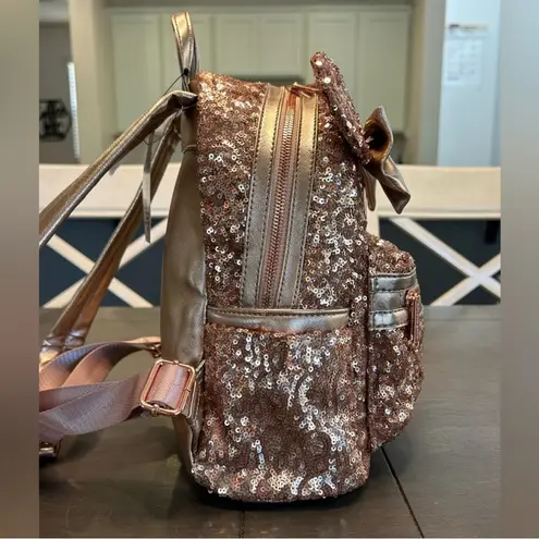 Lounge Fly Disney Rose gold sequin Minnie M backpack matching wallet & ears NWT
