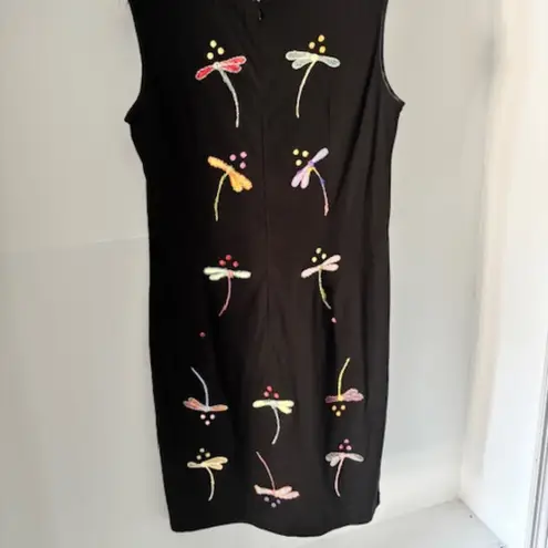 Pong Sheath Dress 12 Black Embroidered Dragonflies Artsy Whimsical Modern Boho