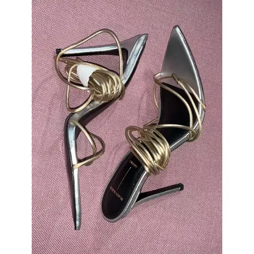Black Suede Studio Talia Heel Pointy Sandal in Silver Gold 39 New with Box Women Size 8