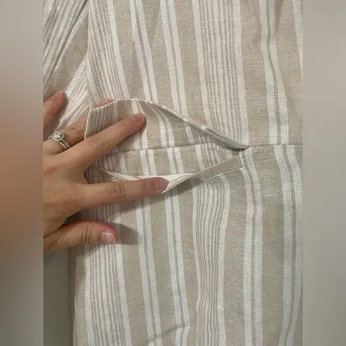 Ellen Tracy Linen Blend Striped Neutral 3/4 Sleeve Blazer Size Medium Coastal