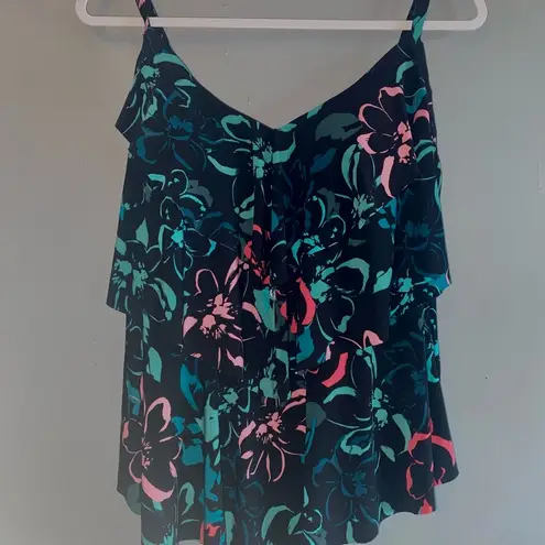 Aqua Green Black Teal Pink Floral Ruffled Tiered Tankini Swim Top Size XL