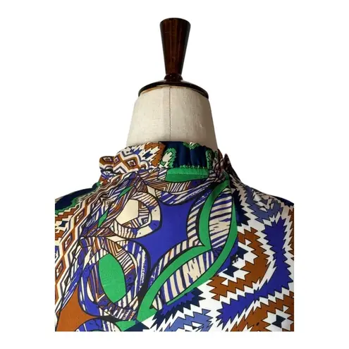 Joy Joy Dress Women Medium Blue Green Abstract Long Sleeve Ruffle Neck Mini