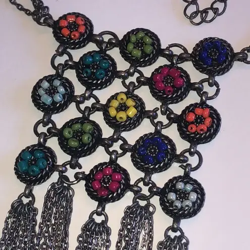 Boho Silver Tone Colorful Beaded Boho Fringe Tassel Pendant Necklace