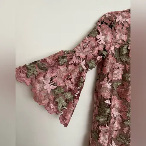 Anna Sui Anthropologie Metallic Rose Multi Floral Blouse Lace Bell Sleeve