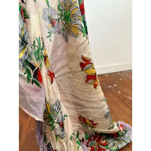 Vintage FLORAL White Red Silky Scarf Small Tablecloth Roses Headwrap Scarf