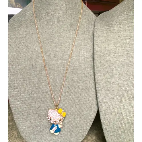 Kawaii Rhinestone Cat Pendant Necklace Blue Dress Yellow Bow Sparkly Cute Gold