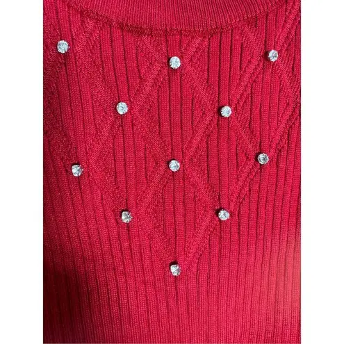 T Tahari  Women's Large Red Rhinestone Mock Neck Sleeveless Ribbed Sweater Pullov