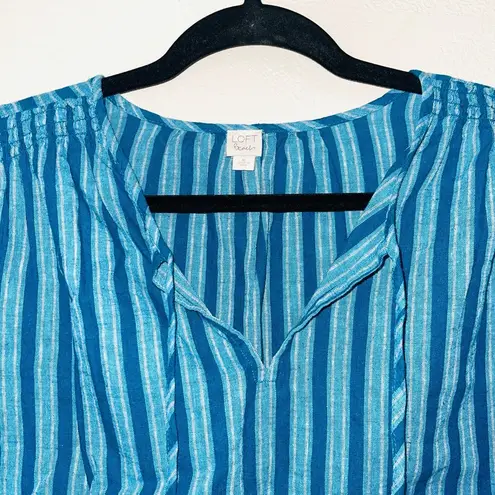 The Loft Beach Teal & Blue Striped Tassel Split Neck Popover Top