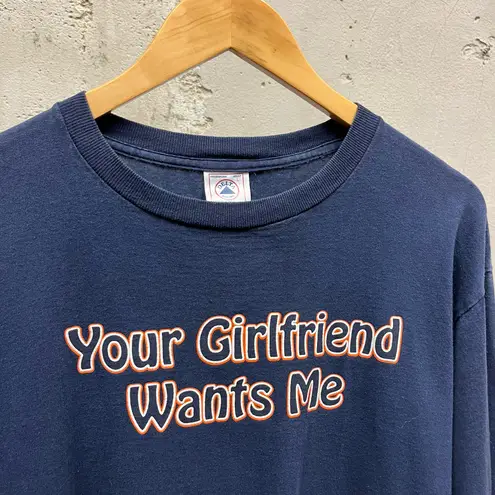 Vintage Y2K Delta Your Girlfriend Wants Me Long Sleeve Comedy Graphic Tee Large Blue