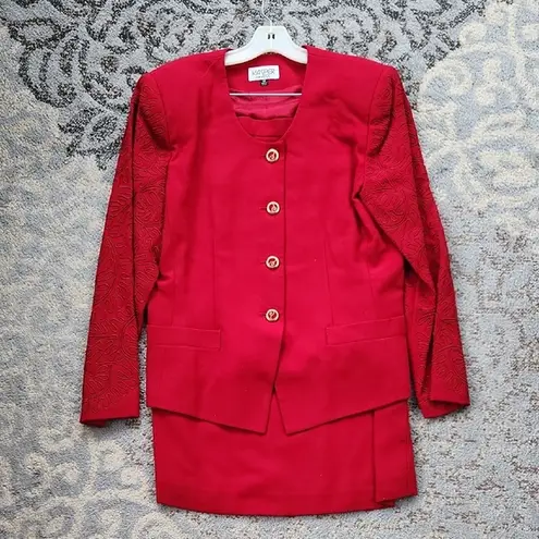Vintage Kasper for A.S.L. Embroidered Two Piece Skirt Suit Set Red 14