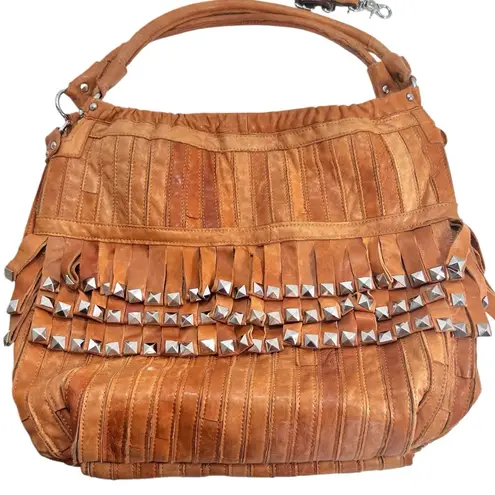 AmeriLeather Tutu Studded Leather Patchwork Shoulder Hobo Bag Brown