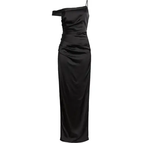 Lush Love Black Satin Asymmetrical High Slit Off