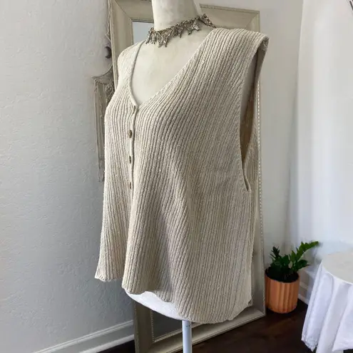 Plus Size Cream Knitted Boho Cotton Silk Knit Button Up Vest Top 22 / 24 / 2XL