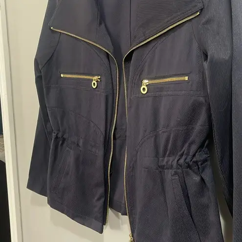 Dana Buchman Navy Cinch Waist Lightweight Jacket Gold Brass Detail Coat