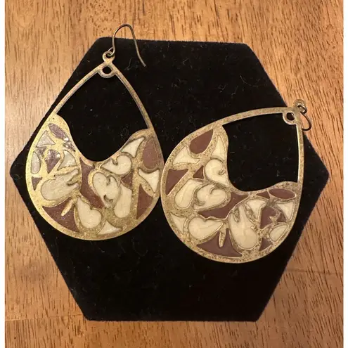 Large Dangle Earrings Pierced Lightweight Metal Artsy Boho Cream Brownish Red