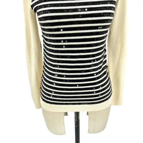Gryphon New York Sequin Stripe Crewneck Sweater Ivory & Black Size XS