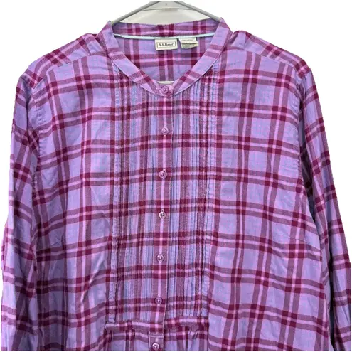LL Bean Pink Plaid Flannel Pleated Button Up Long Sleeve Top Size XL