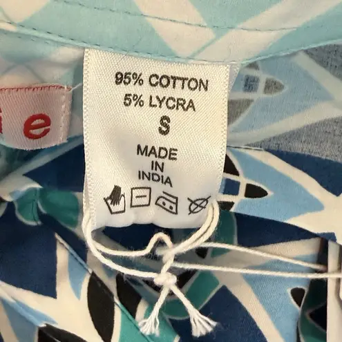 NWT Tizzie Blue White Black Teal floral pattern 3/4 Sleeve Top Tunic Dress SMALL