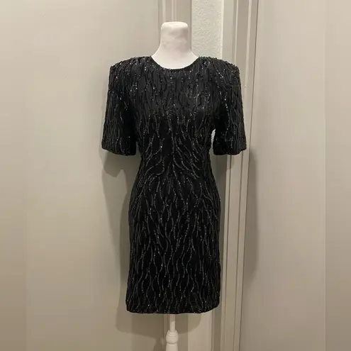 VTG 80s Stenay Black Sequin Formal Cocktail Party Above Knee Short Sleeve Dress Size 10