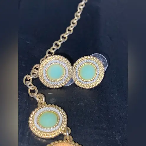 Greens, Blues, orange & Silver tone Bib Necklace 16" with matching earrings