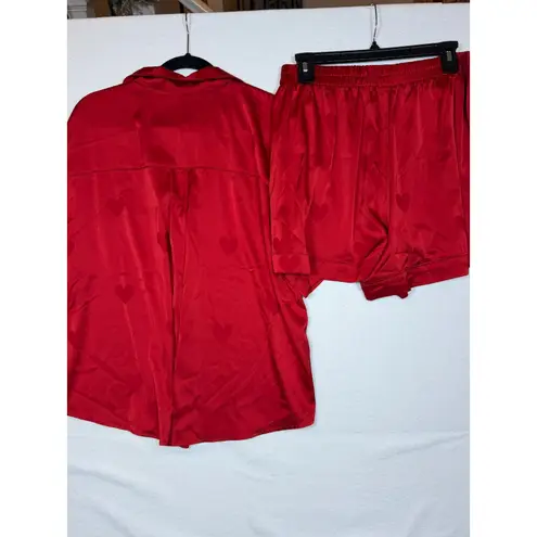 Nuuds Red Heart Print Satin Pajama Set Women's XXL Button Up Top Shorts