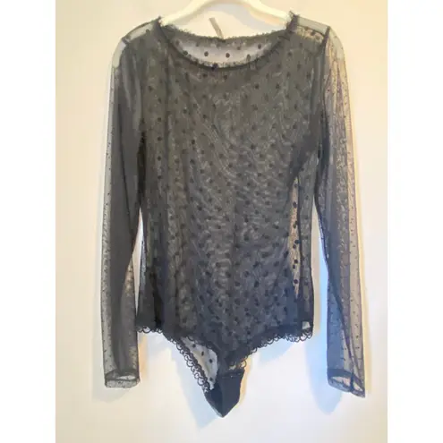NWOT Intimissimi Long Sleeve Bodysuit tulle black polka dot ruffled neckline M Size M