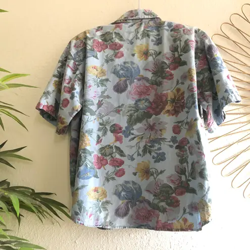 Gloria Vanderbilt Blue snap closure floral flower collared shirt short sleeve - 100% COTTON