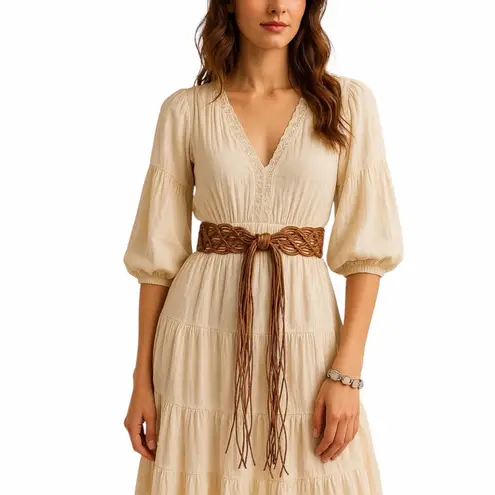 Boho Western Brown Cognac Braided Macramé Fringe Belt Women’s Size Small Medium