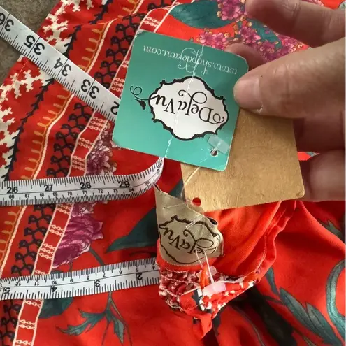 Deja Vu boutique Floral Red Mini Dress tie waist high neck