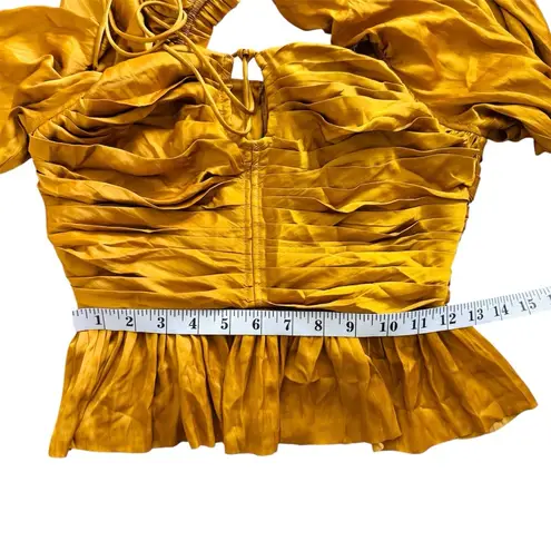 Ulla Johnson Mirelle Plisse Satin Peplum Mustard Long Sleeve Ruched blouse NEW