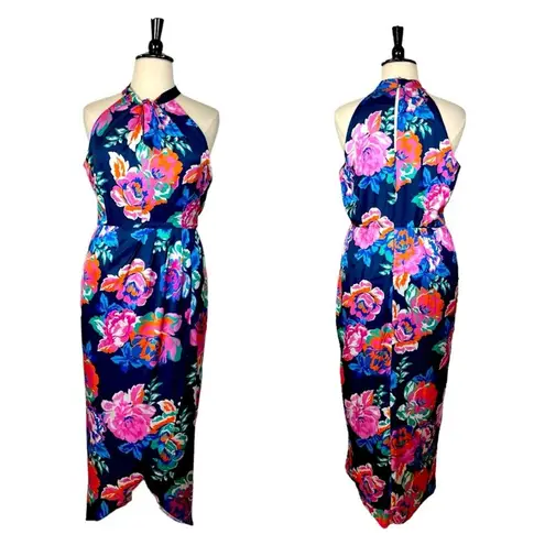 Julia Jordan New Dress Halter Neck Wrap Blue Pink Floral Satin Women’s Size 16