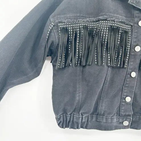 Excuse Womens Western Cowgirl Fringe Rhinestone Denim Jacket Size L Black Black Size L