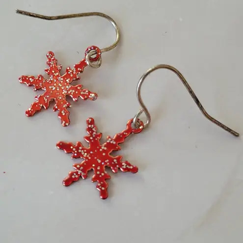Vintage Red Sparkly Dainty Snowflake Hook Pierced Earrings