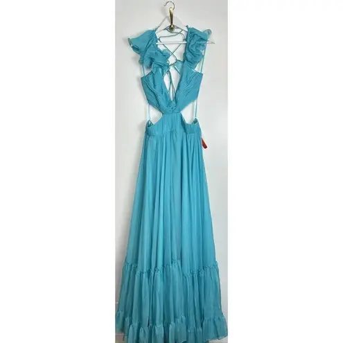 Mac Duggal Ruched Ruffled Shoulder Cut Out Lace Up Gown in Turquoise US 12 NWT