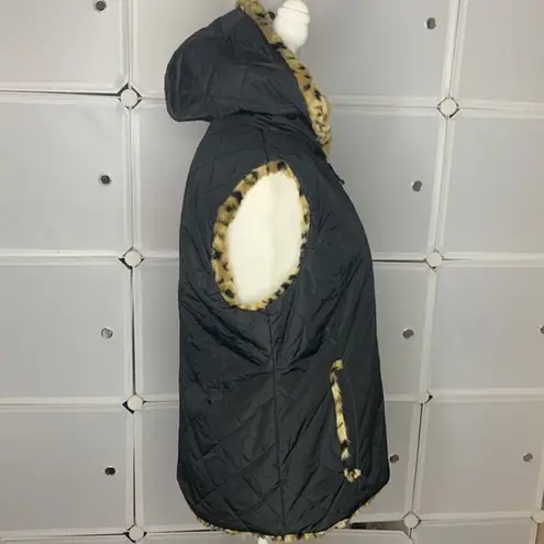 Kristen Blake Black & Leopard Faux Fur Reversible Hooded Vest Size Small