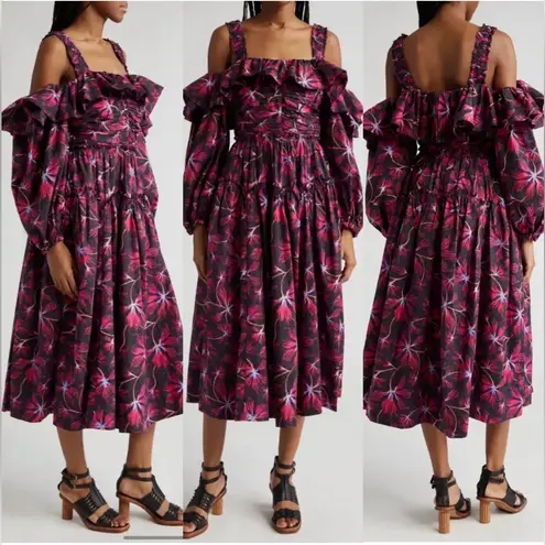 Ulla Johnson $550  Caprice Floral Cold Shoulder Long Slv Cotton Dress Zinnia Sz 2