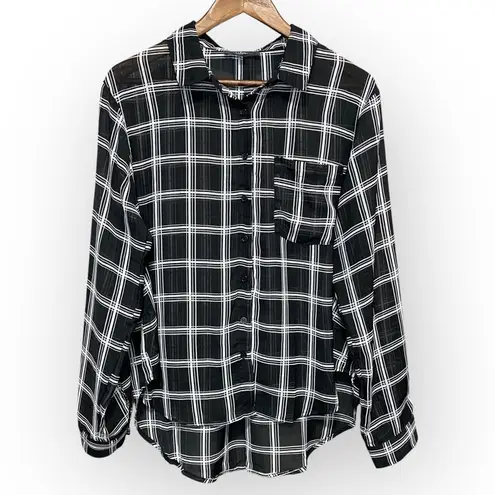 Lulus Black Sheer Grid Pattern Button Up Top Size Large