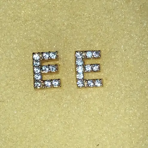 Gold Tone CZ Rhinestone Initial E Dainty Boho Stud Earrings