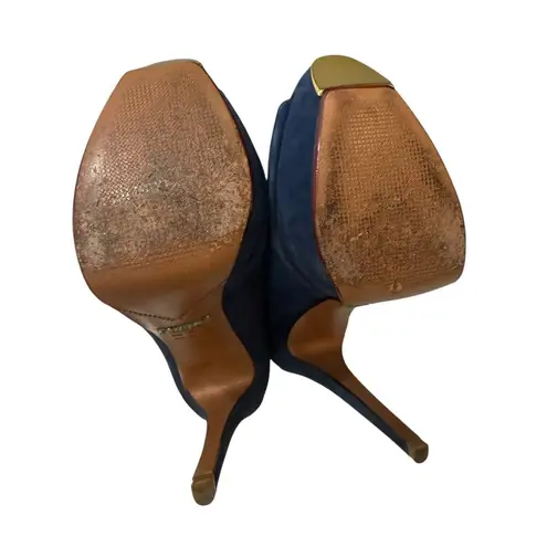 Schutz Navy Suede Peep Toe Platform Heels Gold Tip Size 6B / EU 37